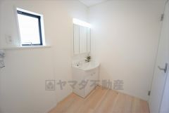 同仕様写真。レバーシャワーで引き出して使用できます。収納も一体型になっているので、ドライヤーやヘアアイロンの置き場に困りませんね。