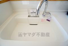 広々とした凸型シンクに洗剤ポケットを標準装備。大きなお鍋など洗いやすいです。洗剤や石鹸、スポンジもすっきりできる収納付き。