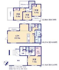 LDK広々22.5帖。SIC・3面バルコニー・WIC有＾＾リビング階段。全居室フローリング。
