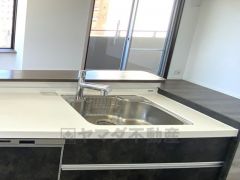 広々とした凸型シンクに洗剤ポケットを標準装備。大きなお鍋など洗いやすいです。洗剤や石鹸、スポンジもすっきりできる収納付き。