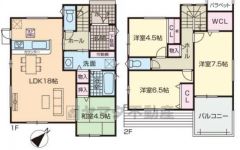 ウォークインクローゼット・各階廊下収納あり。 リビングと隣接する和室を一体利用すると約23帖。リビング3面採光。