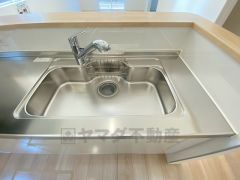 広々とした凸型シンクに洗剤ポケットを標準装備。大きなお鍋など洗いやすいです。洗剤や石鹸、スポンジもすっきりできる収納付き。