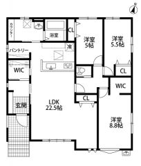 生活導線の良い平屋。LDK広々22.5帖。洗面脱衣所にカウンター有＾＾