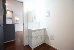 収納が隠れて使いやすい、シャワー付き三面鏡洗面ドレッサーです。朝の準備もぬかりなくできます。
