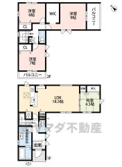 敷地面積70坪以上。LDK広々18.5帖。和室・スタディーカウンター・パントリー・2面バルコニー・WIC・廊下収納あり＾＾ ご家族のコミュニケーションが増えるリビング階段です＾＾