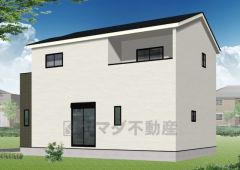 （1号棟）完成予想図。道幅が広く、車通勤の方や買い物などでの車の出し入れも楽々できて嬉しいですね。