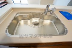 広々とした凸型シンクに洗剤ポケットを標準装備。大きなお鍋など洗いやすいです。洗剤や石鹸、スポンジもすっきりできる収納付き。