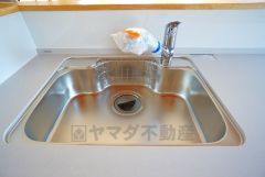 広々としたステンレスシンクには、洗剤やスポンジを収納出来るラック付き。広さも確保しているので、大きなお鍋も洗いやすいです。