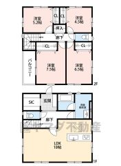 LDK広々18帖＾＾ SIC・バルコニー有＾＾ 2階に洋室4部屋。全居室収納有。リビング3面採光＾＾