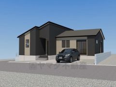 完成予想図。平屋建て。ブラックを基調としたシンプルで飽きの来ない外観です。10年間の瑕疵保証が付いた安心の新築戸建。最新の設備で気持ちの良い新生活を送りませんか。