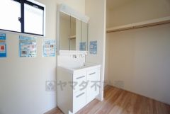 収納が隠れて使いやすい、シャワー付き三面鏡洗面ドレッサーです。朝の準備もぬかりなくできます。