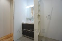 すっきり収納できる三面鏡付き洗面台。内側にコンセントがあり大きめの家電も充電しながら収納ができます。レバーシャワーで引き出して使用できます。