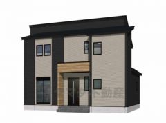 （1号棟）完成予想図。ブラックを基調としたシンプルで飽きの来ない外観です。設備仕様も充実した新築戸建です。 快適でゆとりのある生活空間で新生活を始めましょう^^