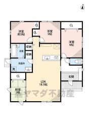 平屋建て住宅＾＾ リビングと隣接する和室を一体利用すると広々約22帖。洗面室収納・リビング収納完備＾＾