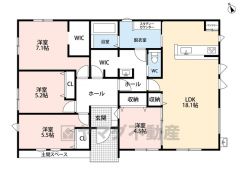 生活導線の良い平屋建て。 LDK広々約18.1帖。 ファミリークローク・パントリー・WIC・土間スペース・スタディカウンター・エアコン有＾＾