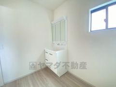 収納が隠れて使いやすい、シャワー付き三面鏡洗面ドレッサーです。朝の準備もぬかりなくできます。