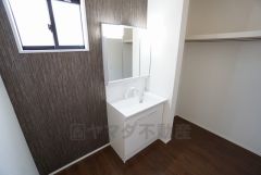 同仕様写真。レバーシャワーで引き出して使用できます。収納も一体型になっているので、ドライヤーやヘアアイロンの置き場に困りませんね。