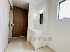 収納が隠れて使いやすい、シャワー付き三面鏡洗面ドレッサーです。朝の準備もぬかりなくできます。