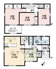 1階は家族が集まるLDKと水廻りが集中。2階には6帖以上の洋室が3部屋あり、収納スペースも豊富です＾＾