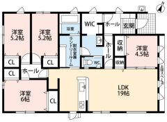 平屋＾＾LDK広々19帖。ファミリークローク・土間スペース・ランドリールームカウンター有。全居室フローリングでお掃除ラクラク＾＾