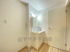 三面鏡つき洗面台。収納も一体型になっているので、ドライヤーやヘアアイロンの置き場に困りませんね。