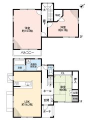 約16.2帖のLDKは日当たり良好です＾＾2階の約14.5帖の洋室は2ドア仕様となっており、2部屋に分割して使用することもできますね＾＾