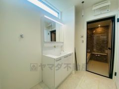 レバーシャワーで引き出して使用できます。収納も一体型になっているので、ドライヤーやヘアアイロンの置き場に困りませんね。