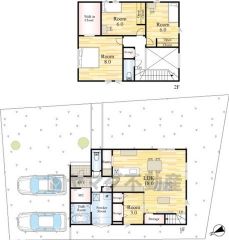 6号地。駐車スペースはゆとりある2台分を確保。マイカー用に、お客さま用に、余裕を持ってご利用いただけます。