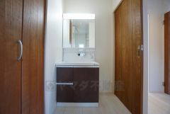 収納が隠れて使いやすい、シャワー付き三面鏡洗面ドレッサーです。朝の準備もぬかりなくできます。