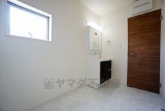 同仕様写真。レバーシャワーで引き出して使用できます。収納も一体型になっているので、ドライヤーやヘアアイロンの置き場に困りませんね。