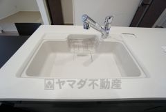 広々とした凸型シンクに洗剤ポケットを標準装備。大きなお鍋など洗いやすいです。洗剤や石鹸、スポンジもすっきりできる収納付き。