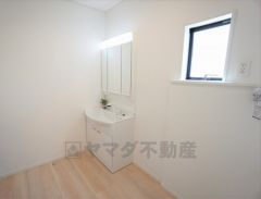 同仕様写真。収納が隠れて使いやすい、シャワー付き三面鏡洗面ドレッサーです。朝の準備もぬかりなくできます。