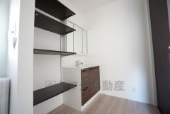 三面鏡つき洗面台。鏡裏にたっぷりとした収納スペースがあります。鏡を閉めてしまえば小物は見えないため、スッキリとした印象の洗面台にできます。