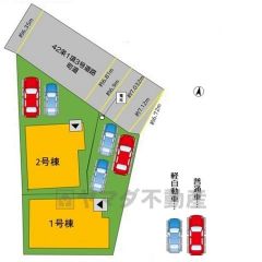2号棟。駐車2台。ご夫婦で1台ずつ所有出来ます＾＾ 前面道路は北側約6.81～7.03ｍ。幅広いためお車の離合もスムーズです＾＾