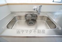 広々とした凸型シンクに洗剤ポケットを標準装備。大きなお鍋など洗いやすいです。洗剤や石鹸、スポンジもすっきりできる収納付き。