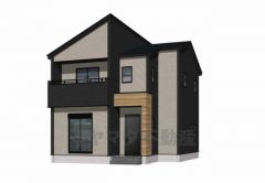 完成予想図。ブラック・グレーを基調としたシンプルで飽きの来ない外観です。流行に左右されないベーシックなカラーリングは、永住にふさわしい佇まいです。