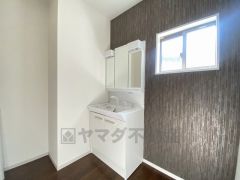 レバーシャワーで引き出して使用できます。収納も一体型になっているので、ドライヤーやヘアアイロンの置き場に困りませんね。