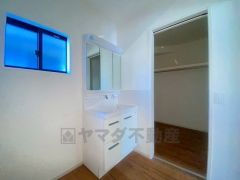 収納が隠れて使いやすい、シャワー付き三面鏡洗面ドレッサーです。朝の準備もぬかりなくできます。