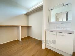 三面鏡つき洗面台。収納も一体型になっているので、ドライヤーやヘアアイロンの置き場に困りませんね。