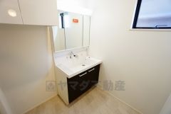 同仕様写真。レバーシャワーで引き出して使用できます。収納も一体型になっているので、ドライヤーやヘアアイロンの置き場に困りませんね。