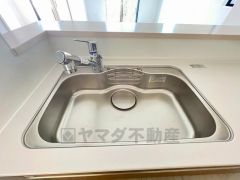 色も形もキレイなシンクは、広さも確保しているので、大きめの鍋も簡単に洗えます。